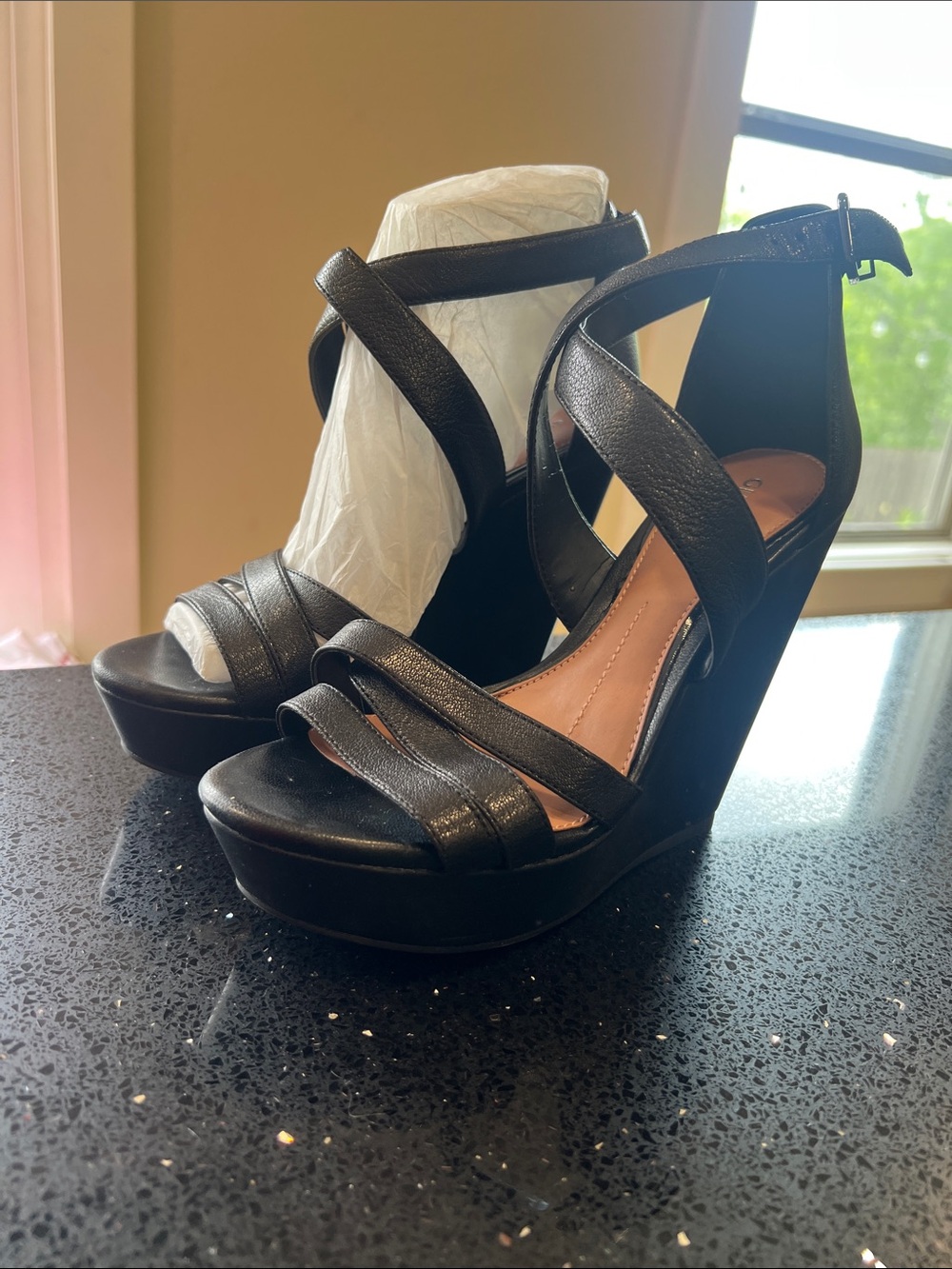 Black Strappy Platform Wedge Sandals with Ankle Buckle